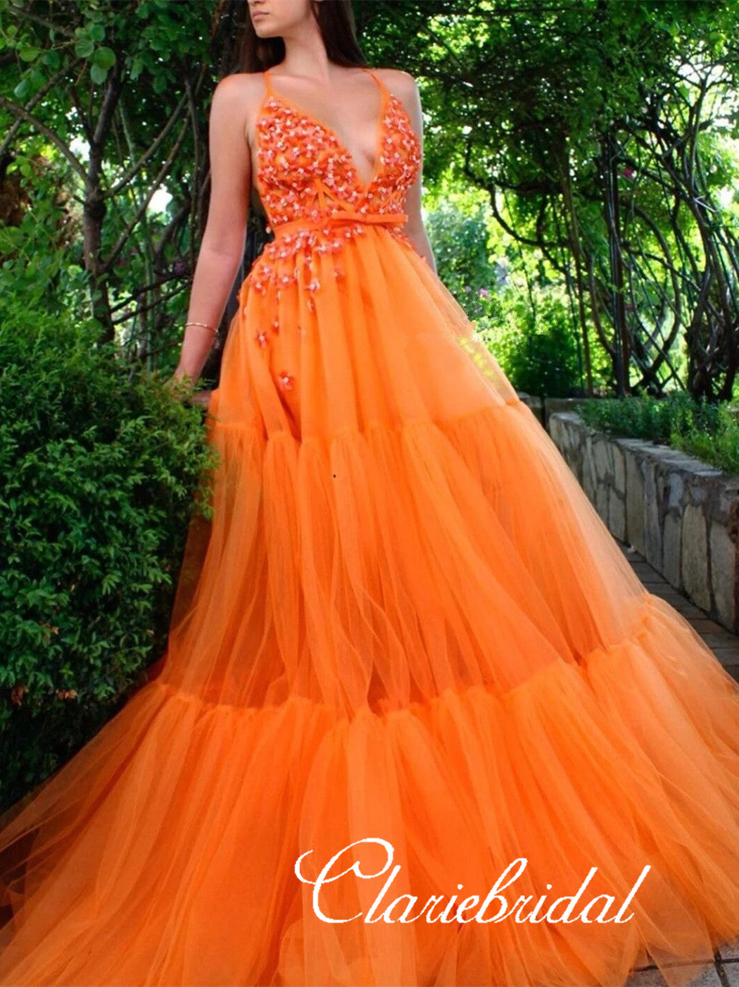 V-neck Long A-line Bright Orange Prom ...